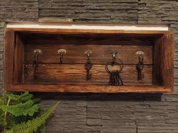 Opalane drewno, półka na klucze, vintage