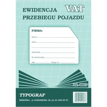 Ewidencja przebiegu pojazdu VAT A5 Typograf 48023