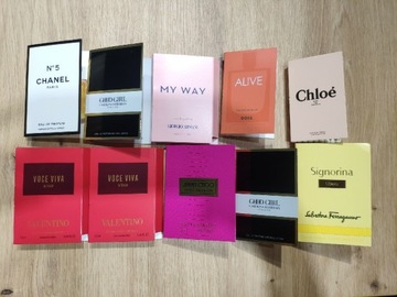 Zestaw próbek zapachów Chanel, Armani, Boss, Chloe, Valentino, Jimmy Choo