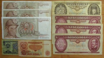 Zestaw banknotów Bułgaria, Jugosławia, Węgry 