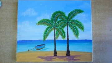 Obraz malowany ręcznie akrylem - plaża i palmy