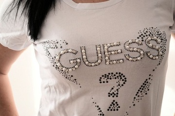 Guess T-shirt damska koszulka z perełlkami r.M 