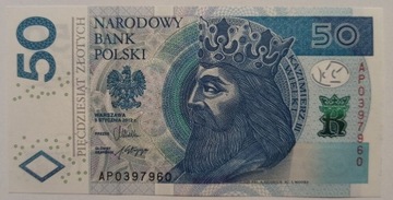 50 ZŁ KAZIMIERZ WIELKI 2012 r SERIA AP 0397960 UNC