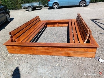 Piaskownica drewniana duża 200 x 200 cm 2x2 m grube deski składne siedzenia
