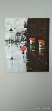 Nowy obraz, ręcznie malowany pt. Miasto w deszczu