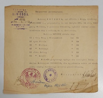 Świadectwo akceptacyjne 1923 r. ze znakami opłaty