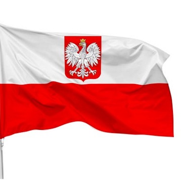 Flaga Polski 150x90 cm z Godłem na DRZEWIEC