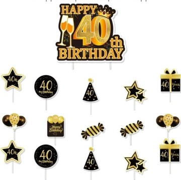 Zestaw topperów na 40 urodziny- 1 duży 15 małych 
