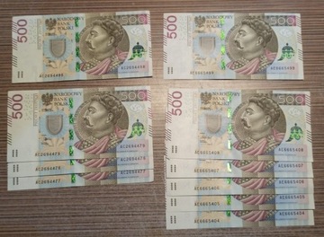 Banknoty 500 PLN kolekcjoner po kolei seria AC AE