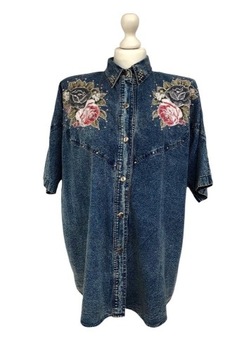 Koszula jeansowa Vintage z różami i nitami, L