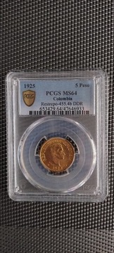5 Peso Kolumbia 1925r. Stan: PCGS MS64 pięknie zachowane