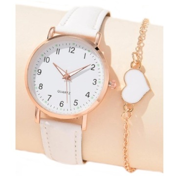 Zegarek damski biały pasek skórzany + Bransoletka