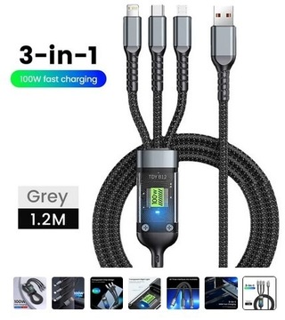 Kabel USB 3w1 100W 1,2m  3 końcówki