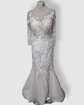 Piękna siwa suknia ślubna 38 M syrenka koronka 