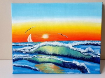 Obraz ręcznie malowany zachód słońca nad morzem