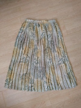 Plisowana midi zielono-beżowa spódnica vintage 46