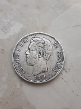 Hiszpania 5 pesetas 1871 r. 25gr ag900