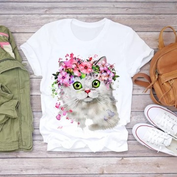 Koszulka damska t-shirt bluzka kot kotek kwiaty S