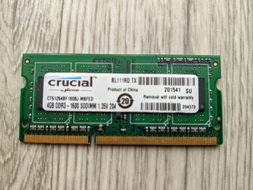 Pamięć RAM do laptopa Crucial 4GB DDR3 1600MhZ