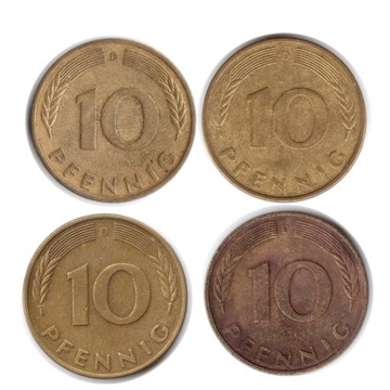 Niemcy, 4x10 fenigów D 1978,1985,1989,1992  KM#108