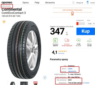 Opony letnie185/65 R15 Continental OKAZJA