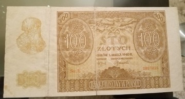 Banknot 100 złotych z 1940 roku. 