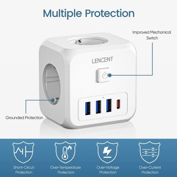 Kostka do gniazdka elektrycznego.3 AC, 1 USB-C i 3 porty USB-A