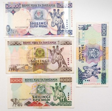 Banknoty Tanzania 500, 1000, 5000, 10000 szylingów
