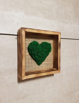 Serce zielone z mchu chrobotka w ramie 15x15 cm