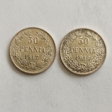 Finlandia 2 x 50 pennia 1916, 1917 r. - srebro. 