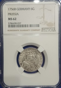 6 groszy 1756 r. Prusy-Wrocław NGC MS62