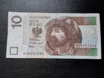 Banknot 10 złotych unikalny numer BU4494944