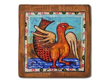 Średniowieczny ptak - malowany obraz na desce