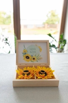 Pudełko na obrączki drewniane, słoneczniki (ślub)