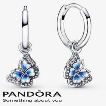 Pandora Kolczyki obręcze z błękitnymi motylami 