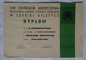 Dyplom Mistrzostwa LZS Kraków 1967 rzut młotem 