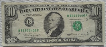 USA $10 dollars 1990 Hamilton Nowy Jork Uszkodzony
