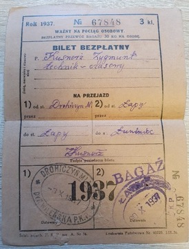 Bilet pracowniczy kolejowy 1937rok  3 klasa