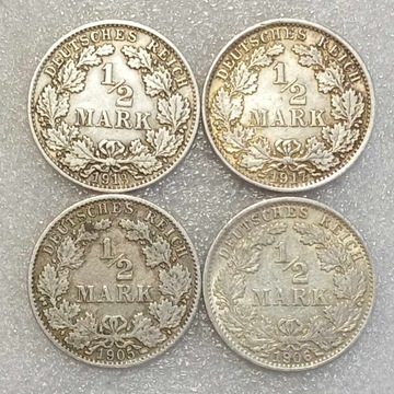 4x 1/2 mark marka 1905 E, 1906 A, 1913 D, 1917 A