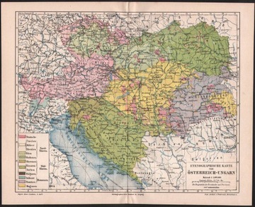 AUSTRO-WĘGRY stara mapa etnograficzna z 1888 roku