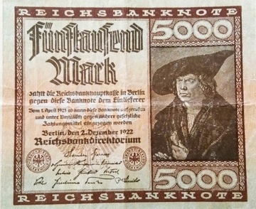 Stary banknot Niemcy 5000 marek 1922 rok