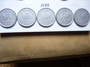 Monety 1 zł z 1982r,5szt,kpl.