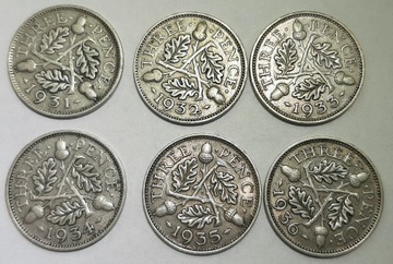 Wielka Brytania 3 pensy, 1931-1936, 6 szt - srebro