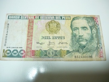 Banknot  Peru,1000 Mil Intis z 1988roku