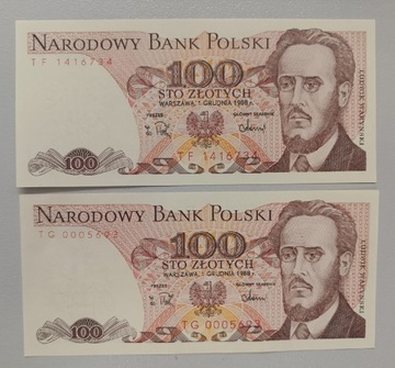Dwa banknot y PRL 100 zł. 1988 TF (najrzadsza poszukiwana) i TG 000 UNC