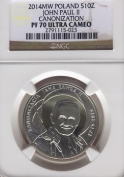 10 ZŁ KANONIZACJA JANA PAWŁA II 2014 NGC PF70 MAX