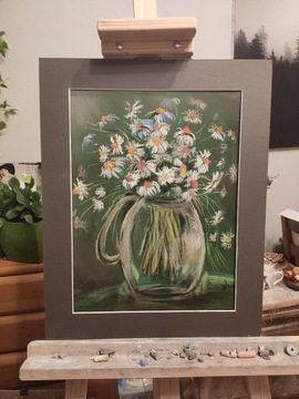 Obraz namalowany ręcznie pastele kwiaty rumianki