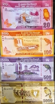 SRI LANKA 4Pcs 20+100+500+5000 Rupees UNC