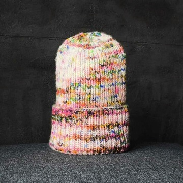 Czapka beanie 100% merino ecru kolorowa ombre