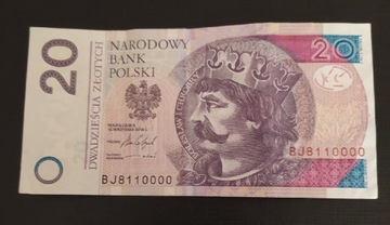 Banknot 20 zł BJ8110000 unikalny numer 